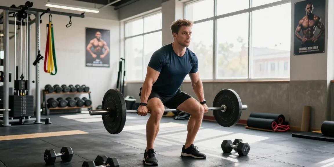 Steroidshop: Athletisches Training im modernen Fitnessstudio mit Gewichten und motivierenden Elementen