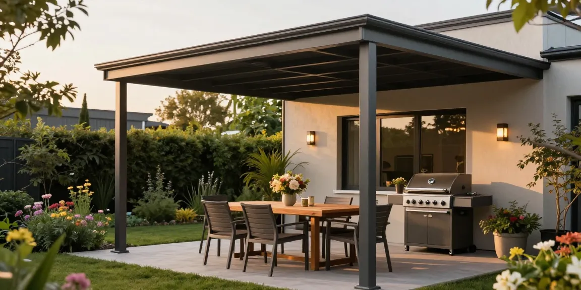 Terrassenüberdachung in einem modernen Außenbereich, gemütlicher Essbereich mit Tisch und Stühlen im Garten.