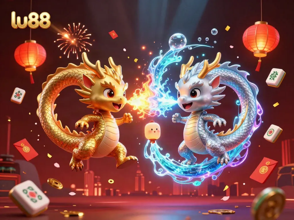 Experience the excitement of lu88 with golden and silver dragons amidst a vibrant casino atmosphere.