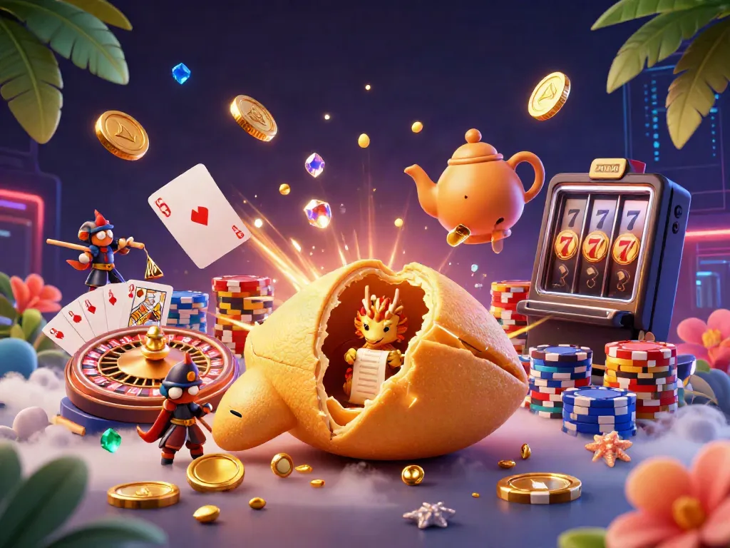 Zowin offers an exciting casino experience with a vibrant scene showcasing a golden fortune cookie, treasures, and dynamic game elements.