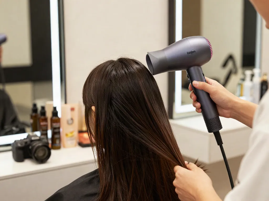 Professionelle Anwendung eines Ionen-Haartrockners im Schönheitssalon für glänzendes Haar.