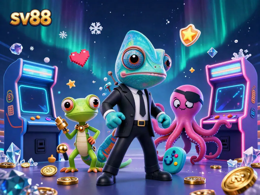 Experience SV88's vibrant casino scene with a chameleon agent and tech-savvy companions.