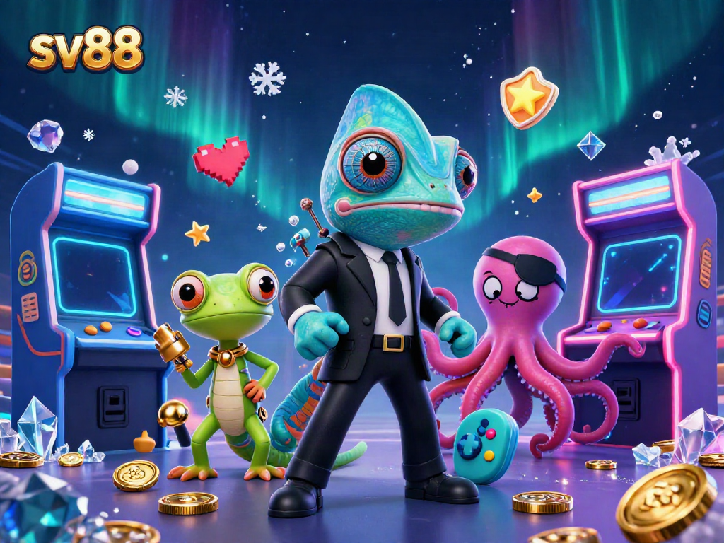 Experience SV88's vibrant casino scene with a chameleon agent and tech-savvy companions.