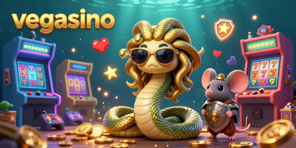 Experience the thrill of vegasino with a vibrant casino scene featuring Medusa and a warrior mouse.
