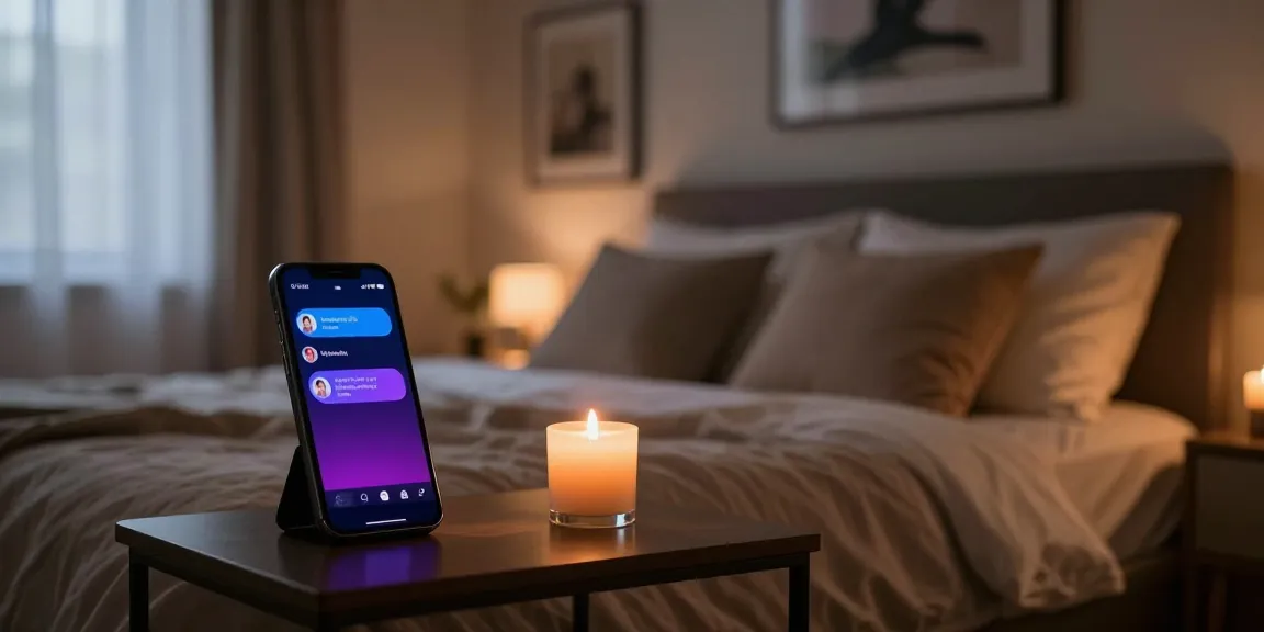 Cozy bedroom for intimate adult sex chat experience with smartphone on bedside table