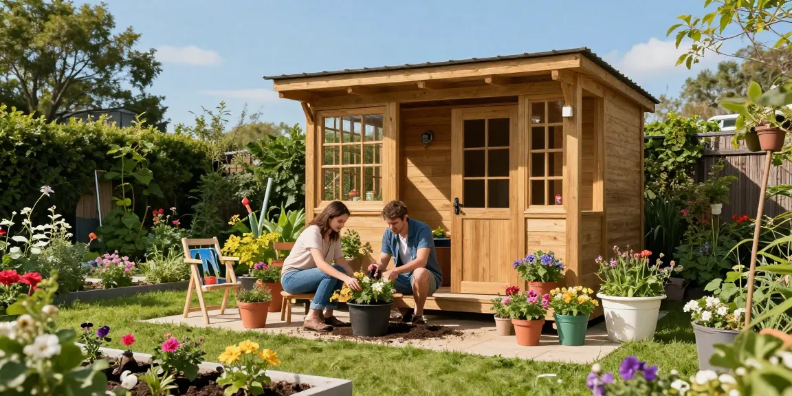 Hochwertiges Garten Haus umgeben von bunten Blumen und einem Paar bei der Gartenarbeit.