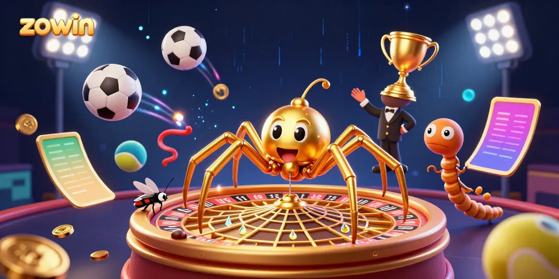 Zowin offers a vibrant casino scene featuring a golden spider and a centipede croupier surrounded by dynamic sports elements.