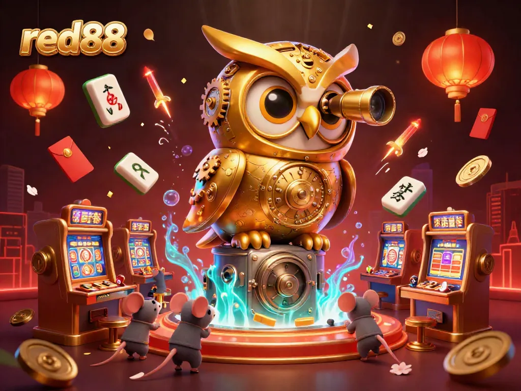 Experience excitement at red88 with a vibrant casino scene filled with animated characters and festive elements.