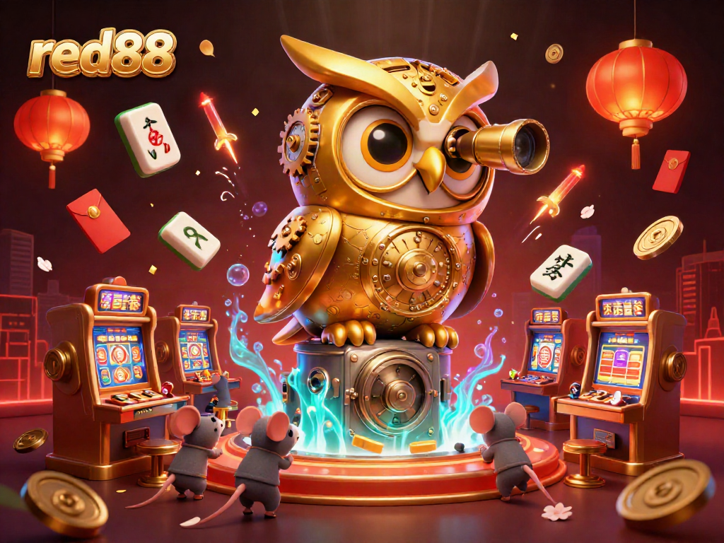 Experience excitement at red88 with a vibrant casino scene filled with animated characters and festive elements.