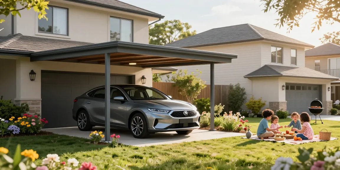 Moderne Carport in Wohngegend mit Familienpicknick und Grill.