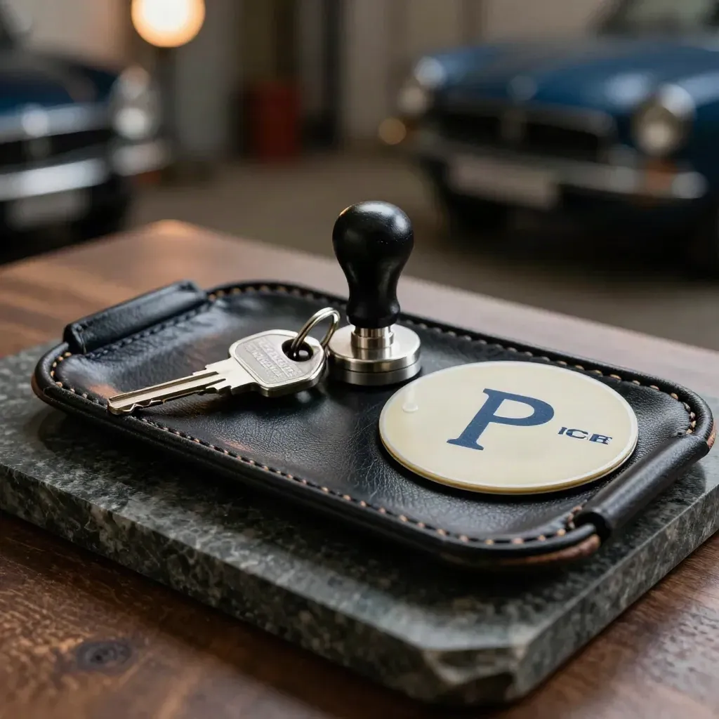 Schlüsselanhänger, Valet-Tablett, Stempel und Parkscheibe auf dunklem Stein.