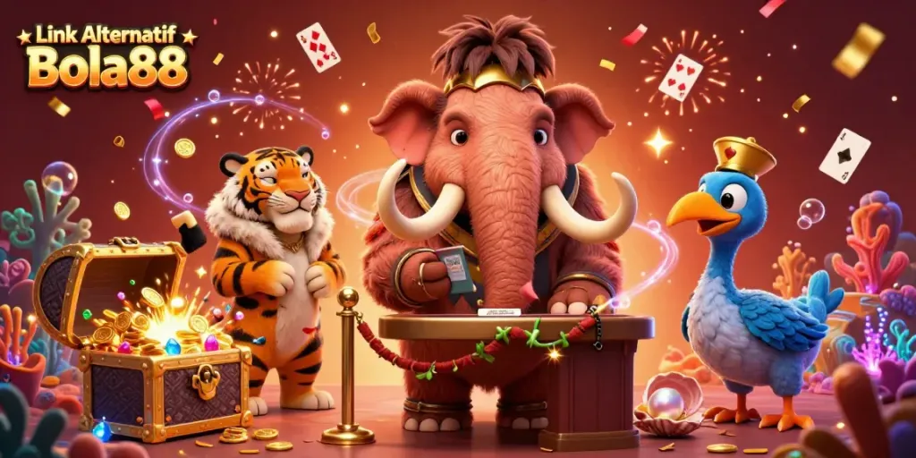 Engage with Link Alternatif Bola88 at this vibrant 3D illustration featuring a mammoth bouncer and playful casino elements.