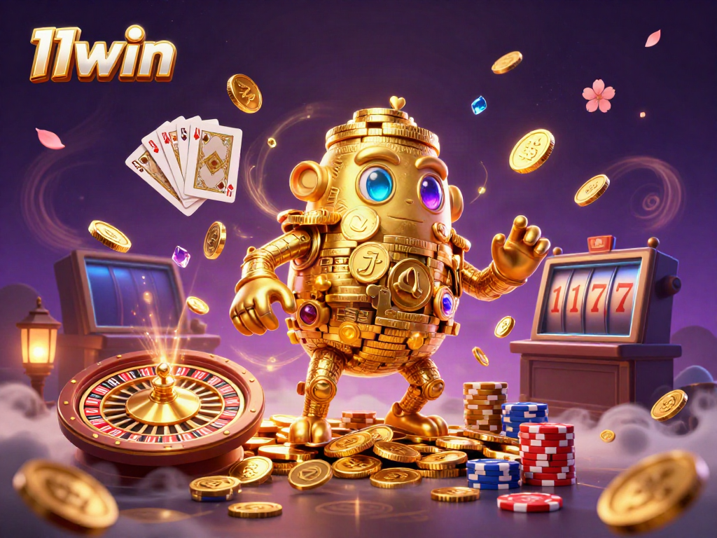 Experience the excitement of 11win with this animated gold golem and dynamic casino elements.