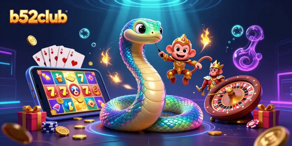 Experience the excitement of b52club with vibrant gaming elements and characters in a dynamic casino scene.