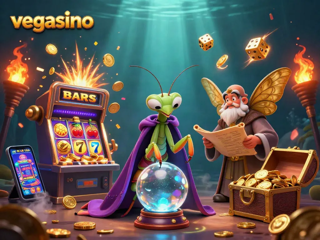 Win big with vegasino at this vibrant 3D casino scene featuring a fortune teller and slot machine.