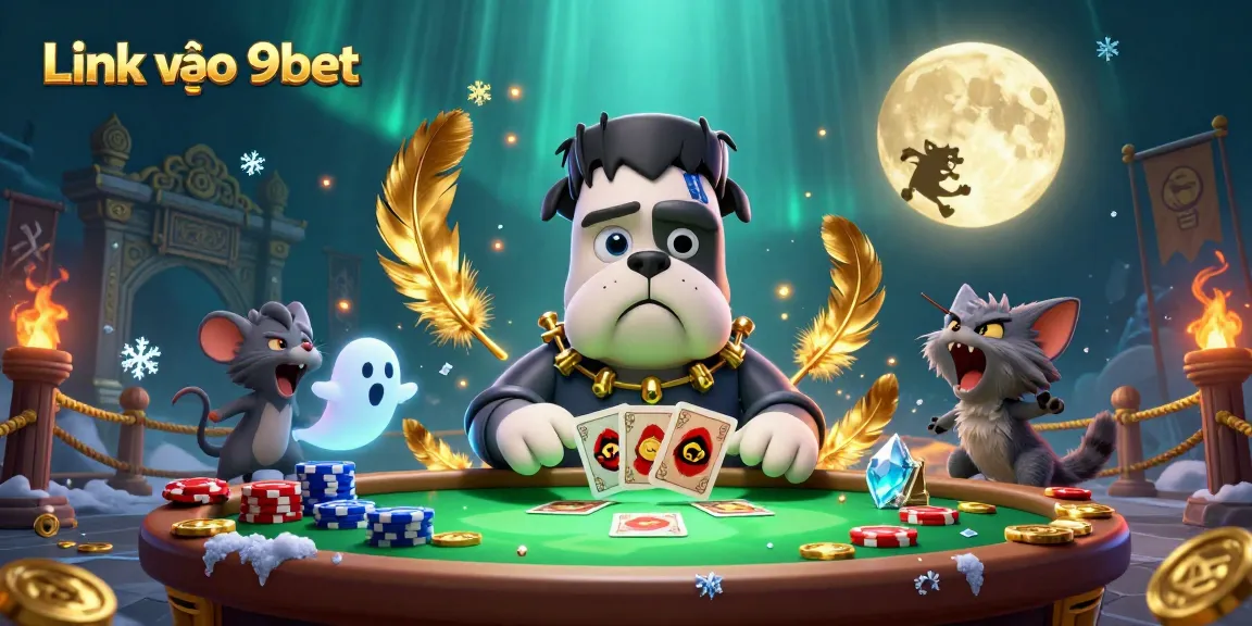 Join the fun at Link vào 9bet with a 3D casino scene featuring a bulldog dealer and a ghost mouse!